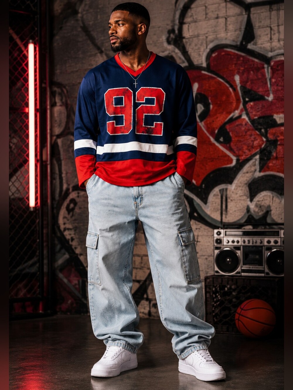 NWT! No Boundaries Hockey Jersey 92 Graphic Oversized Sports Blue Red 2XL